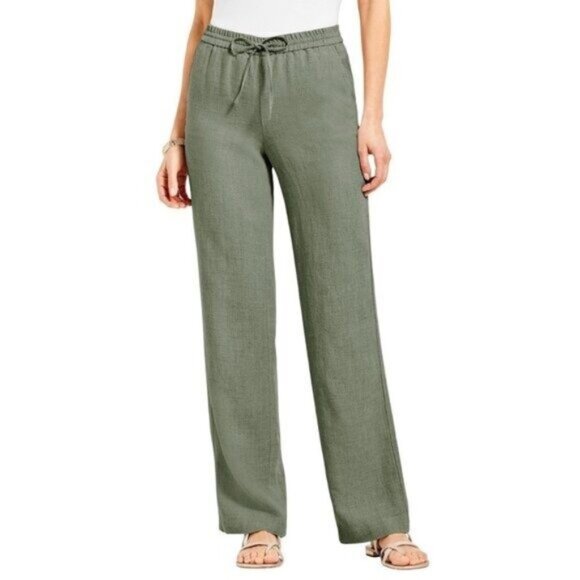 Talbots Pants - Talbots 100% Linen Wide Leg Drawstring Army Green Pull On Pants Size SP